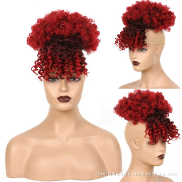 Hot Sale Ombre Chignon With Bangs Kinky Curly Bun Hairpieces Short Afro Fluffy Puff Synthetic Hair Extensions For Black Woman